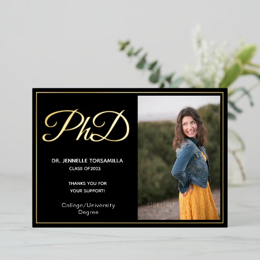 Black Gold Hartelijk dank Foto PhD-Afstuderen Folie Uitnodiging (Staand Voorkant)