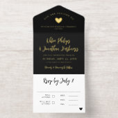 Black Gold Heart Brush Script Informal Wedding All In One Uitnodiging (Binnenkant)