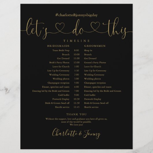 Black Gold Heart Script Trouwdag Schema Tijdschema (Voorkant)