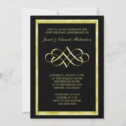 Black Gold Heart Swirl Jubileum Invitation Kaart (Voorkant)