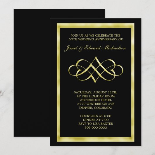 Black Gold Heart Swirl Jubileum Invitation Kaart (Voorkant / Achterkant)