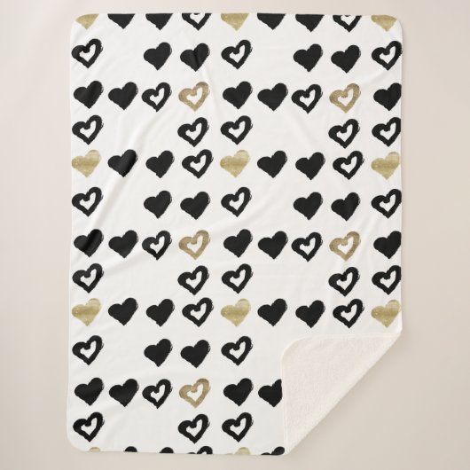 Black & Gold Hearts Pattern Sherpa Blanket Deken (Voorkant)