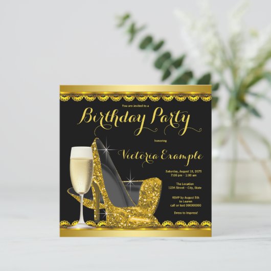 Black Gold High Heels Verjaardagsfeestje Kaart (Staand voorkant)