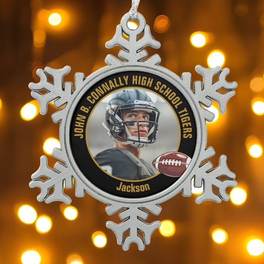 Black Gold High School Football Player Photo Tin Sneeuwvlok Ornament