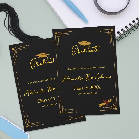 Black & Gold High School Graduation Announcement Kaart