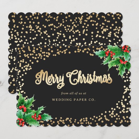 Black Gold Holly Berries Business-kerstKaarten Feestdagenkaart (Voorkant / Achterkant)