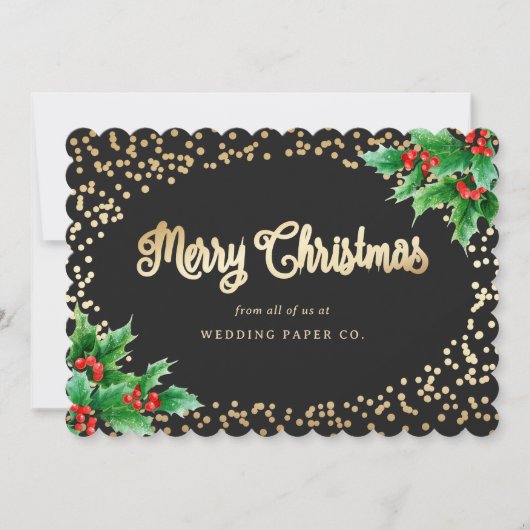 Black Gold Holly Berries Business-kerstKaarten Feestdagenkaart (Voorkant)