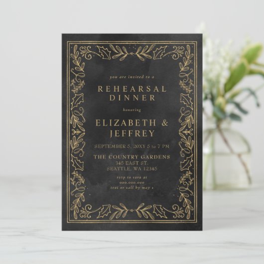 Black Gold Holly-kerstrepetitie Dinner Kaart (Staand voorkant)