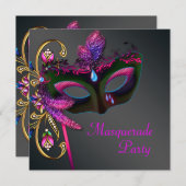 Black Gold Hot Pink Masquerade Party Kaart (Voorkant / Achterkant)