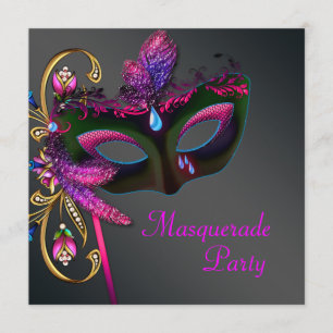 Black Gold Hot Pink Masquerade Party Kaart