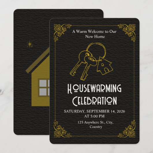 Black Gold Housewarming Invitation Editable Kaart (Voorkant / Achterkant)