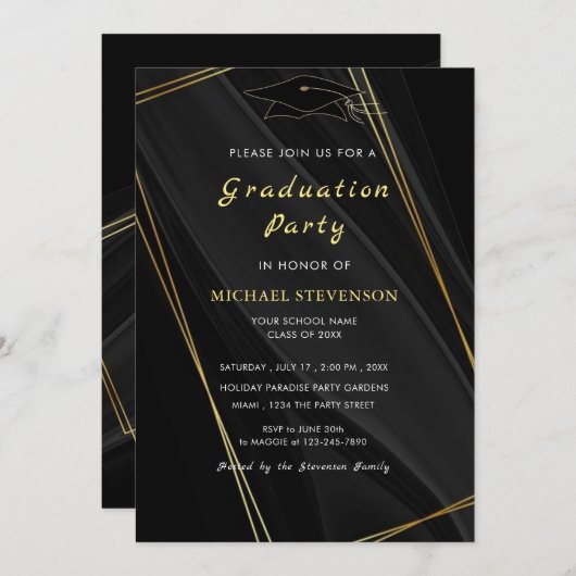 Black Gold ingelijst Afstuderen Invitation (Voorkant / Achterkant)