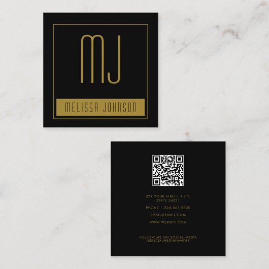 Black Gold Initiaal Monogram Social Media QR Code Vierkante Visitekaartje (Voorkant / Achterkant)