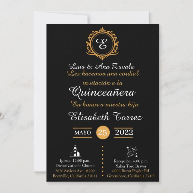 Black gold invitations for quinceañera elegante  (Voorkant)