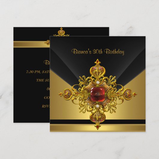 Black Gold Jewel 30th Birthday Party Kaart (Voorkant / Achterkant)