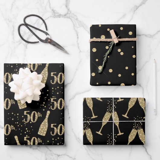 Black Gold Jeweled Champagne 50th Celebration Inpakpapier Vel (Voorkant)