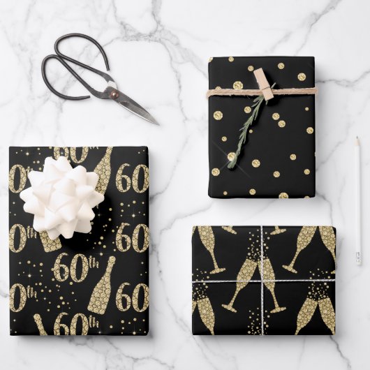 Black Gold Jeweled Champagne 60th Celebration Inpakpapier Vel (Voorkant)