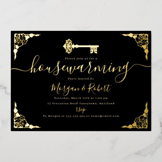 Black Gold Key housewarming party Folie Uitnodiging (Voorkant)