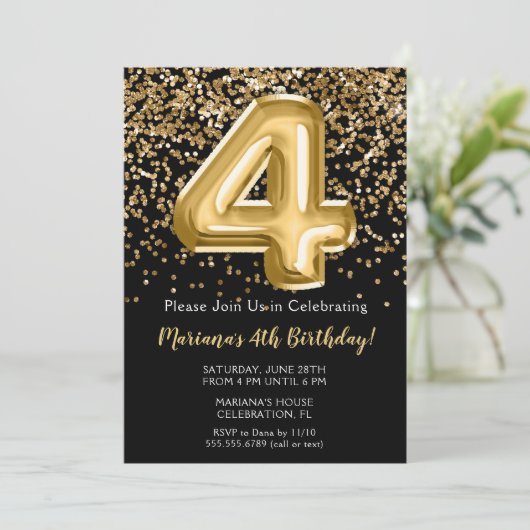 Black Gold Kinder Girl 4e verjaardag Kaart (Staand voorkant)