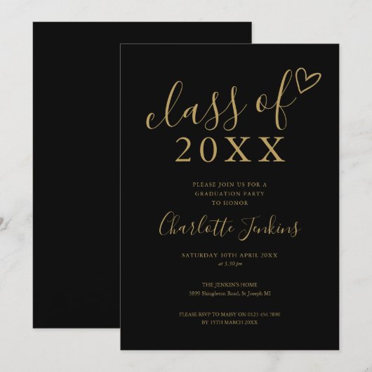 Black Gold Klasse van Script Heart Graduation Part Kaart (Voorkant / Achterkant)