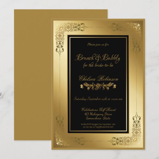 Black Gold Lace Border Brunch en Bubble Kaart (Voorkant / Achterkant)