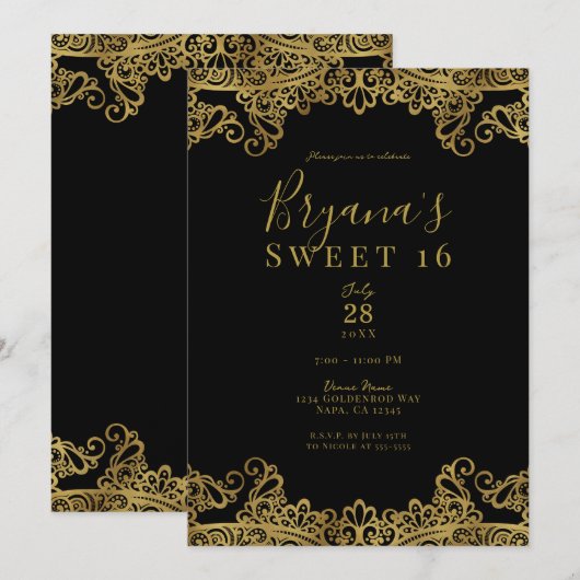 Black & Gold Lace Elegant Sweet 16 Party Kaart (Voorkant / Achterkant)