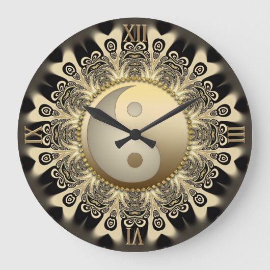 Black Gold Lace Mandala Balance Yin Yang Wall Cloc Grote Klok (Voorkant)