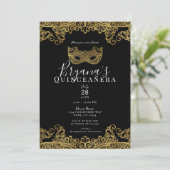 Black & Gold Lace Masquerade 15th Quinceañera Kaart (Staand voorkant)