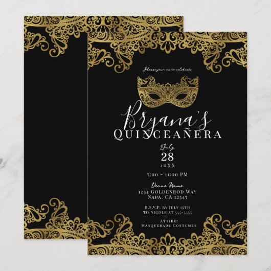Black & Gold Lace Masquerade 15th Quinceañera Kaart (Voorkant / Achterkant)