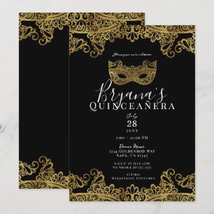 Black & Gold Lace Masquerade 15th Quinceañera Kaart