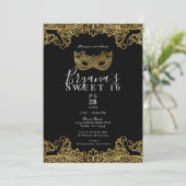 Black & Gold Lace Masquerade Sweet 16 Party Kaart (Staand voorkant)