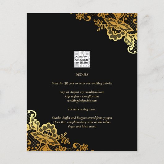 Black Gold Lace Wedding Invitations Flyer (Achterkant)