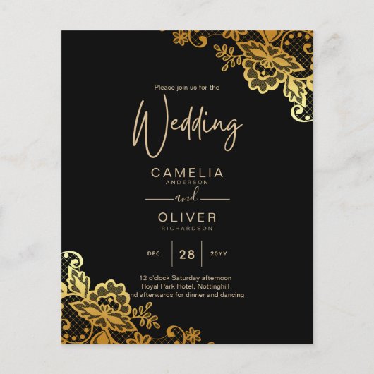 Black Gold Lace Wedding Invitations Flyer (Voorkant)
