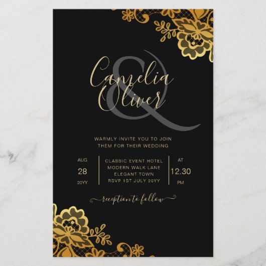 Black Gold Lace Wedding Invitations Flyer (Voorkant)