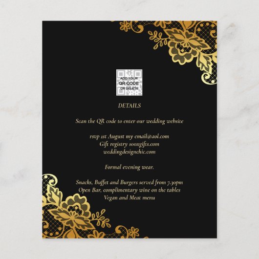 Black Gold Lace Wedding-uitnodigingen (Achterkant)