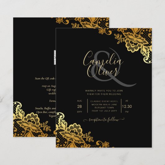 Black Gold Lace Wedding-uitnodigingen (Voorkant / Achterkant)