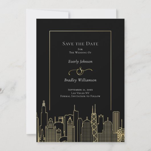 Black Gold Las Vegas Skyline Elegant Save the Date Kaart (Voorkant)