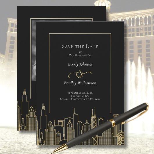 Black Gold Las Vegas Skyline Elegant Save the Date Kaart