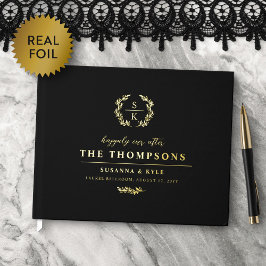 Black Gold Laurel Wreath Monogram Wedding Gastenboek