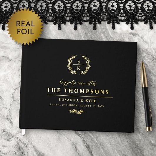 Black Gold Laurel Wreath Monogram Wedding Gastenboek