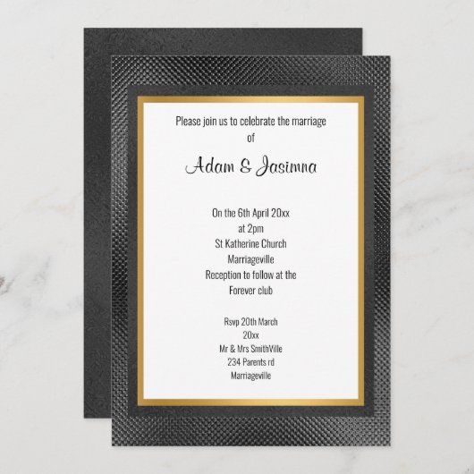 BLACK GOLD LAYERED EMBOSSED WEDDING 2 INVITATION KAART (Voorkant / Achterkant)