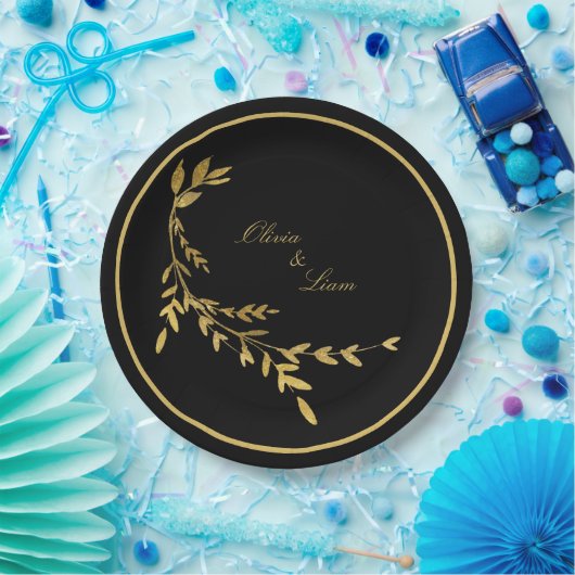 Black Gold Leaf Elegant Name Script Weduwen Papieren Bordje (Feest)
