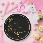 Black Gold Leaf Elegant Name Script Weduwen Papieren Bordje (Feest)