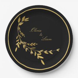 Black Gold Leaf Elegant Name Script Weduwen Papieren Bordje