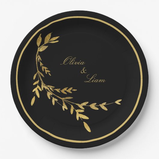 Black Gold Leaf Elegant Name Script Weduwen Papieren Bordje (Voorkant)