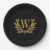 Black Gold Leaf Monogram Elegant Chic Wedding Papieren Bordje (Voorkant)