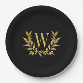 Black Gold Leaf Monogram Elegant Chic Wedding Papieren Bordje