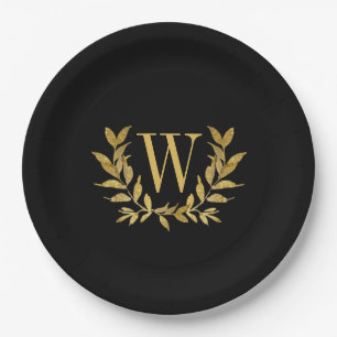 Black Gold Leaf Monogram Elegant Chic Wedding Papieren Bordje