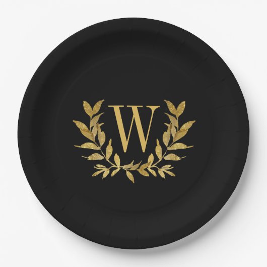 Black Gold Leaf Monogram Elegant Chic Wedding Papieren Bordje (Voorkant)