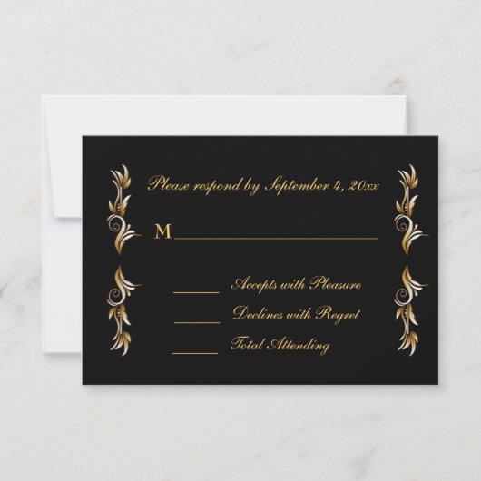 Black, Gold Leaf Scroll Response RSVP Kaartje (Voorkant)
